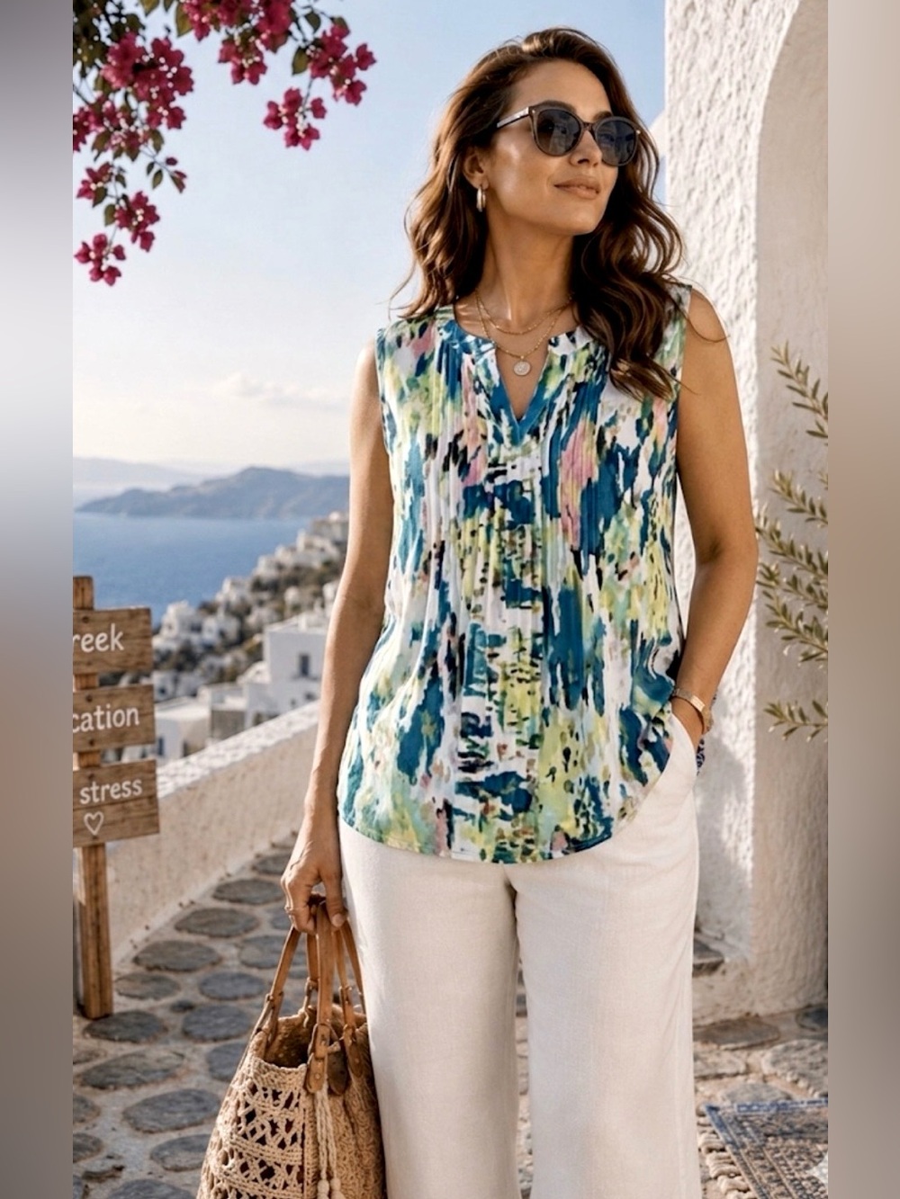 MELISSA MCCARTHY SLEEVELESS GEORGETTE TOP 2X HI/LO DOPAMINE MERMAID COASTAL CHIC